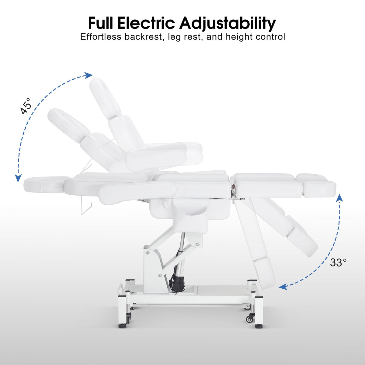 BarberPub Fully Electric Beauty Bed, 3-Motor Salon Spa Chair with Foot-Controlled Wheels, Adjustable Height, Backrest & Leg Rest – PVC Leather, Professional Facial & Treatment Table 2754 (White)