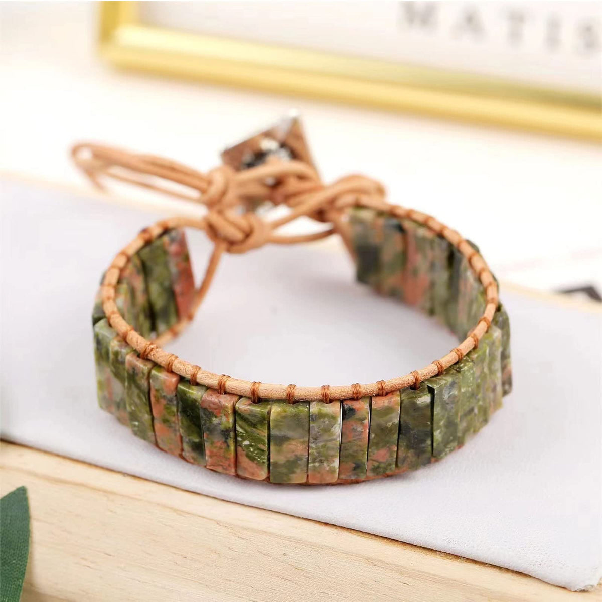 KunBead Women Green Chakra Imperial Jasper Bracelets Healing Crystal Natural Stone Bead Leather Wrap Handmade Rope Adjustable Bracelets
