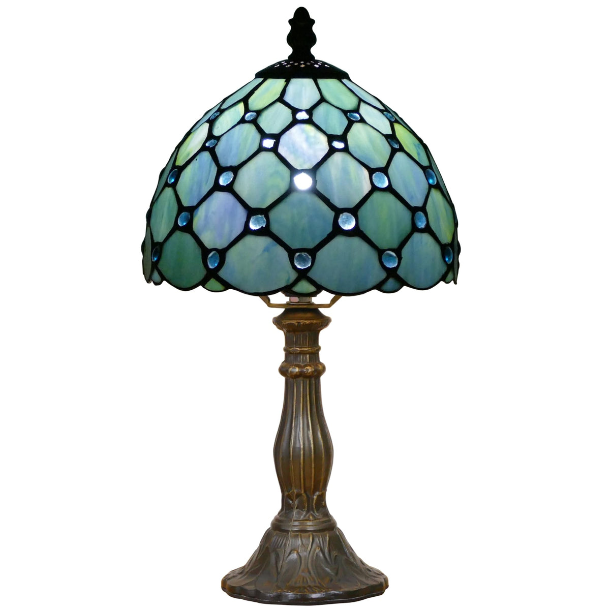 WFAYNTIFL Small Tiffany Lamp Mini Stained Glass Table Lamp Sea Blue Pearl Style Bedside Accent Lamp Memory Sympathy 8X14.5 Inch