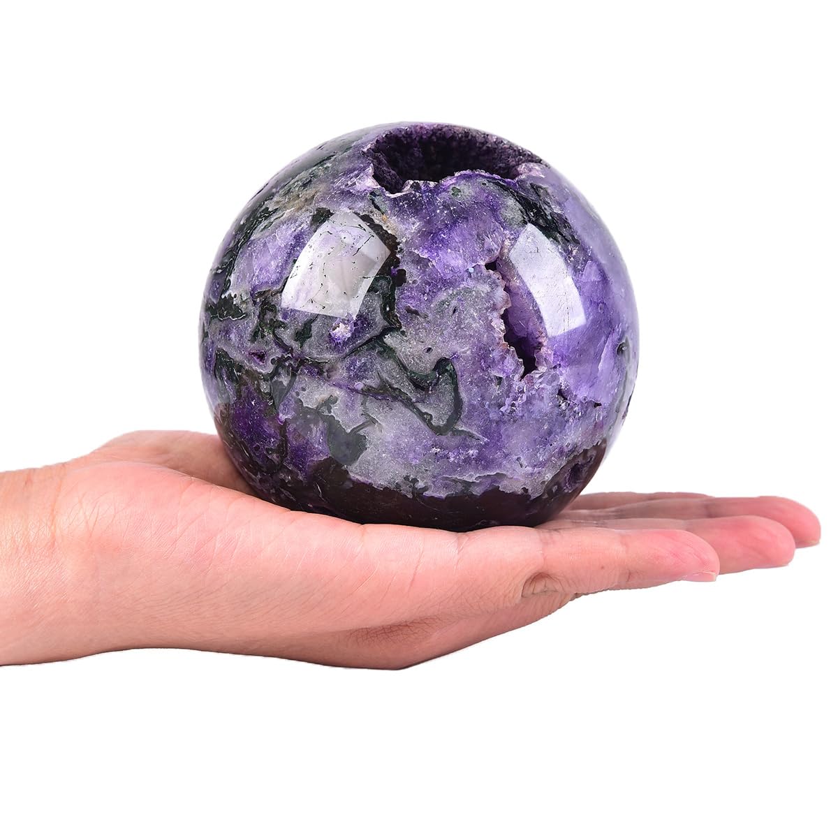 JIC Gem Purple Moss Agate Crystal Sphere Large Quartz Crystal Ball with Stand Healing Ornament Witchcraft Meditation Decor 3.5-4 inch(90-100mm)