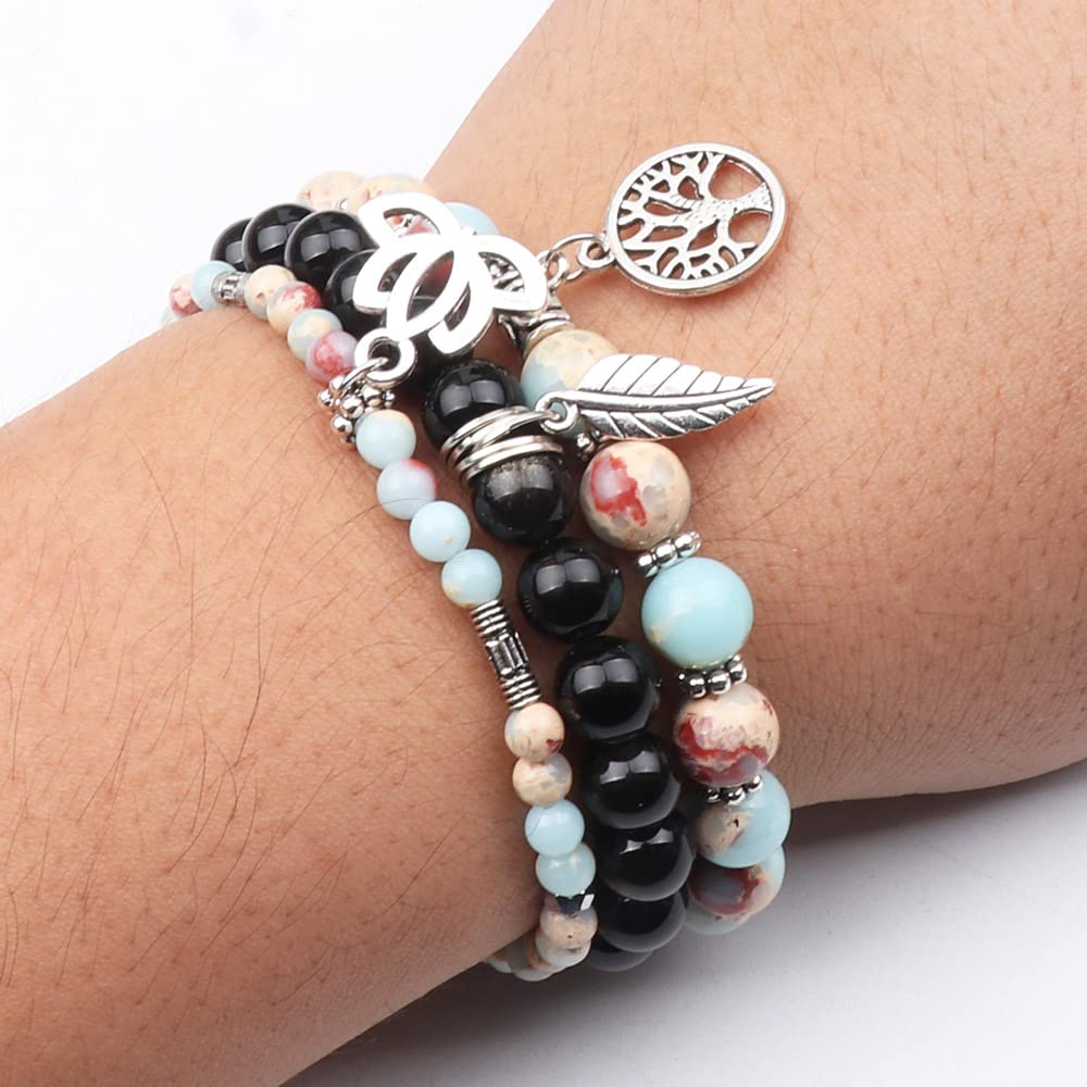 UEUC Tree of Life Yoga Healing Stone Bracelets, Multilayer Lotus Chakra Stone Reiki Bracelet Sets, Anxiety Crystal Natural Stone,for Women Stress Relief(#129)