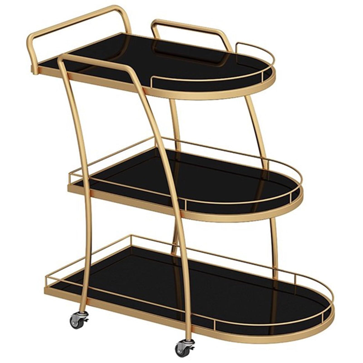 FGQuelleBM Luxury 3-Tier Serving Cart with Handles, Hotel Beverage Cart with Brake Wheels & Glass Top for Wine, Dishes & Salad(Gold Black)