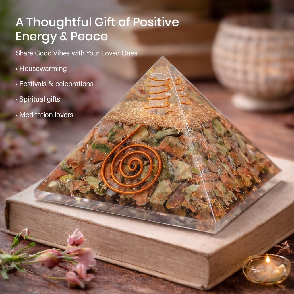Crocon® Unakite Orgone Pyramid Healing Crystals Stone Orgonite Gemstone Pyramid Stones Reiki Crystal Good Luck Charms Meditation Chakra Organite Home Decor Spiritual Gifts Size 2.5 Inch App.