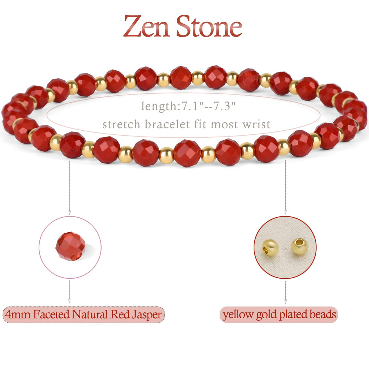 QOGIR Red Jasper - Zen Stone - 14K Gold Plated Beads Natural Gemstone Stretch Elastic Dainty Healing Beaded Bracelets Gifts 4mm