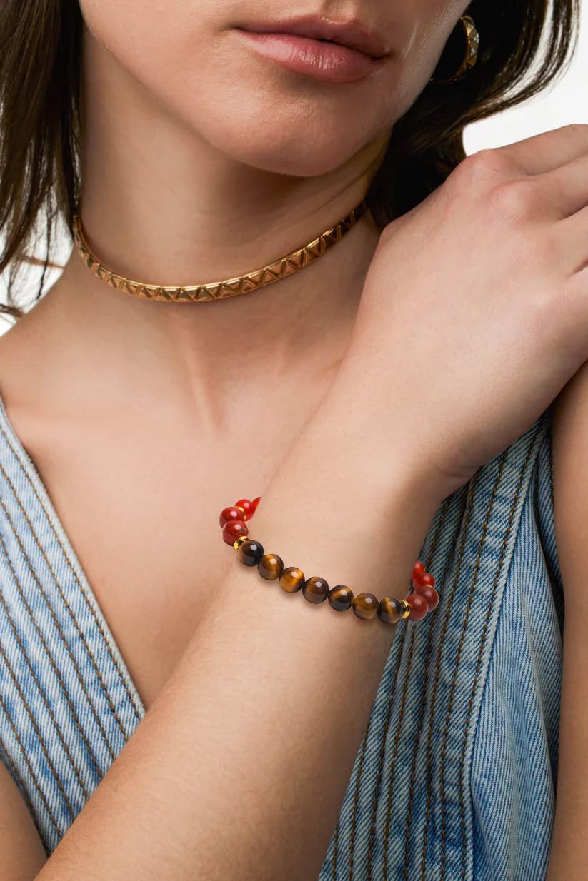 BONNY BOXX Mixed 8mm Natural Stone Bracelet for Courage, Handmade Stretch Carnelian Tiger Eye Bracelet Adjustable Crystal Healing Jewelry for Unisex Spiritual Gift