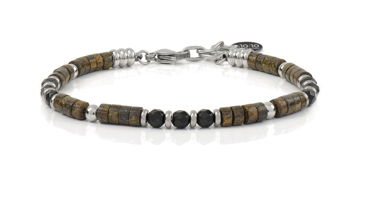 10:10 Beaded Bracelet for Men and Women – Natural Gemstone Bracelet and Stainless Steel – Adjustable, Durable and Elegant – Made in Italy (Bronzite - Agate)