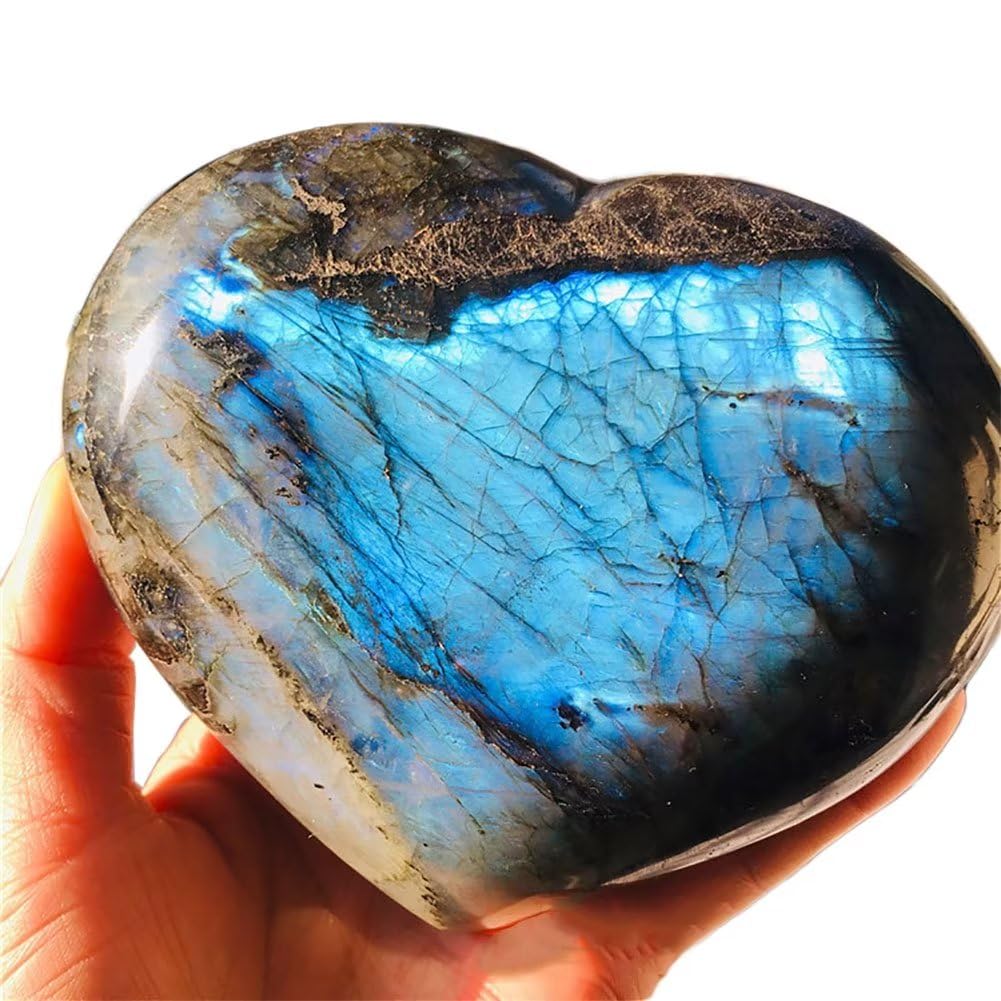 Large Heart Crystal Stones Healing Crystal Palm Polished Love Shaped Gemstones Blue Labradorite Heart Rock Meditation Gift 1.3-1.7Pounds