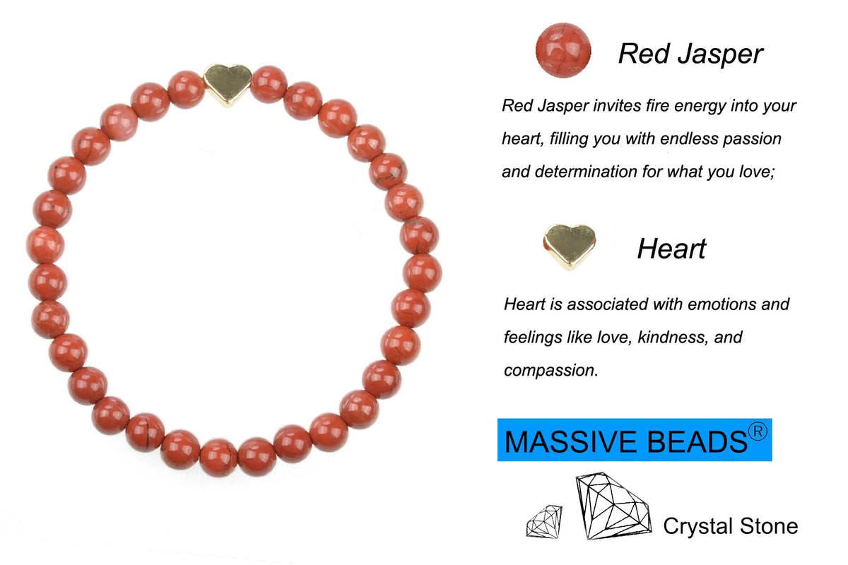 MASSIVE BEADS Red Jasper and Heart - Love You Handmade Handmade Yoga Stretch Elastic Bracelet Natural Stone Crystal Healing Power Energy Gifts for Unisex Adult 4mm