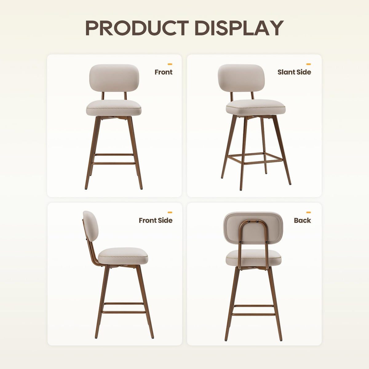 MALOL 26“ Swivel Bar Stools Set of 4, Mid Century PU Leather Counter Height Bar Chairs with Low Back and Metal Legs, Modern Bar Stool Chair for Kitchen Island, Beige