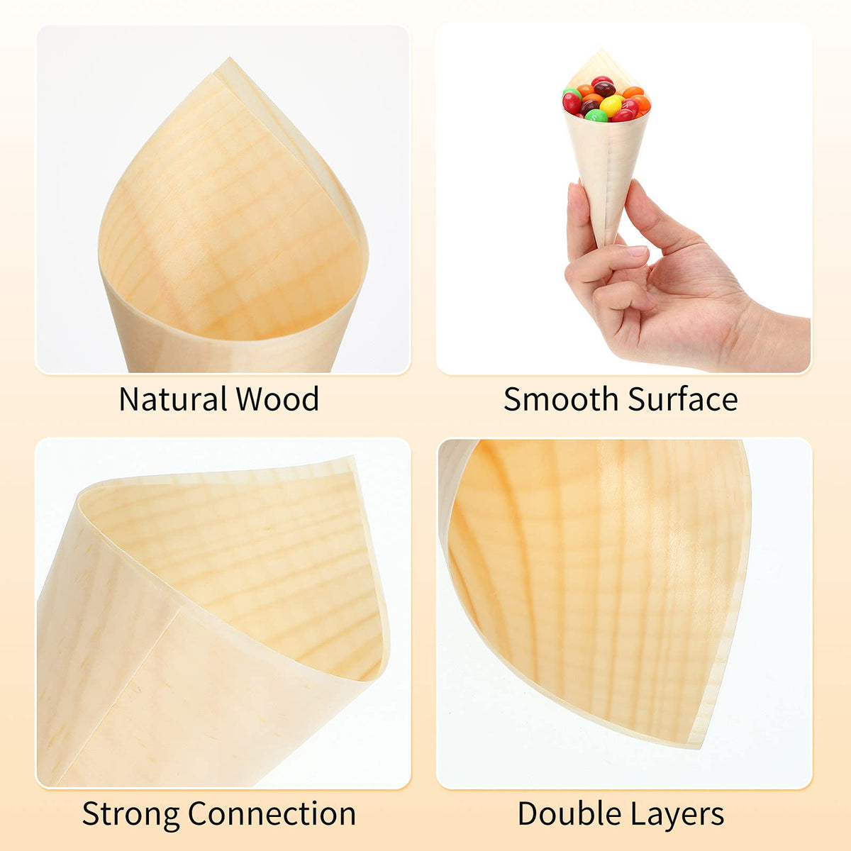 Queekay 100 Pcs Disposable Wooden Food Cones with 12 Holes Food Cone Display Stand Cone Holder for Charcuterie, Ice Cream, Catered Events, Party or Buffets(Straight,Bamboo)