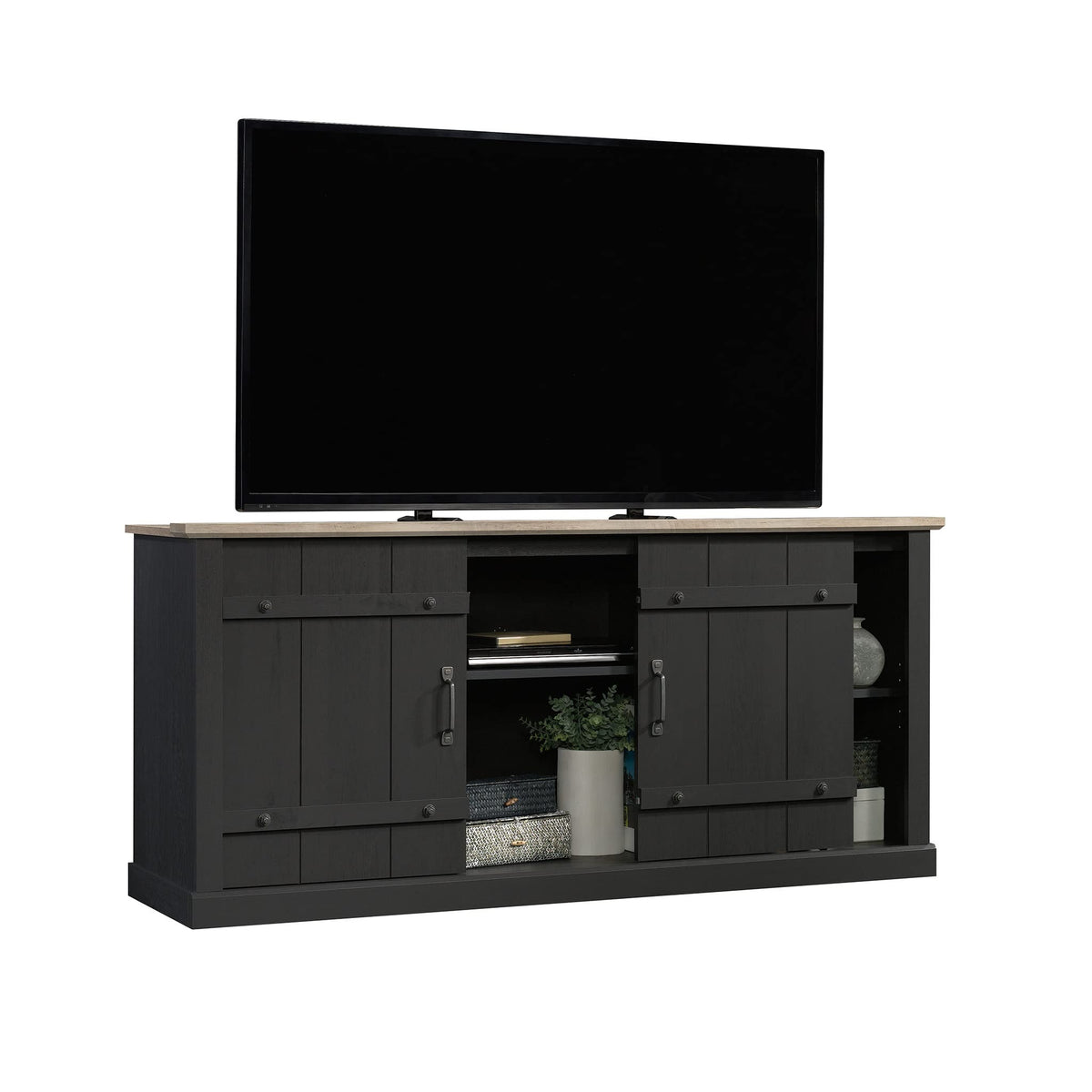 Sauder Misc Entertainment Farmhouse TV Stand, for TVs up to 70", Raven Oak Finish