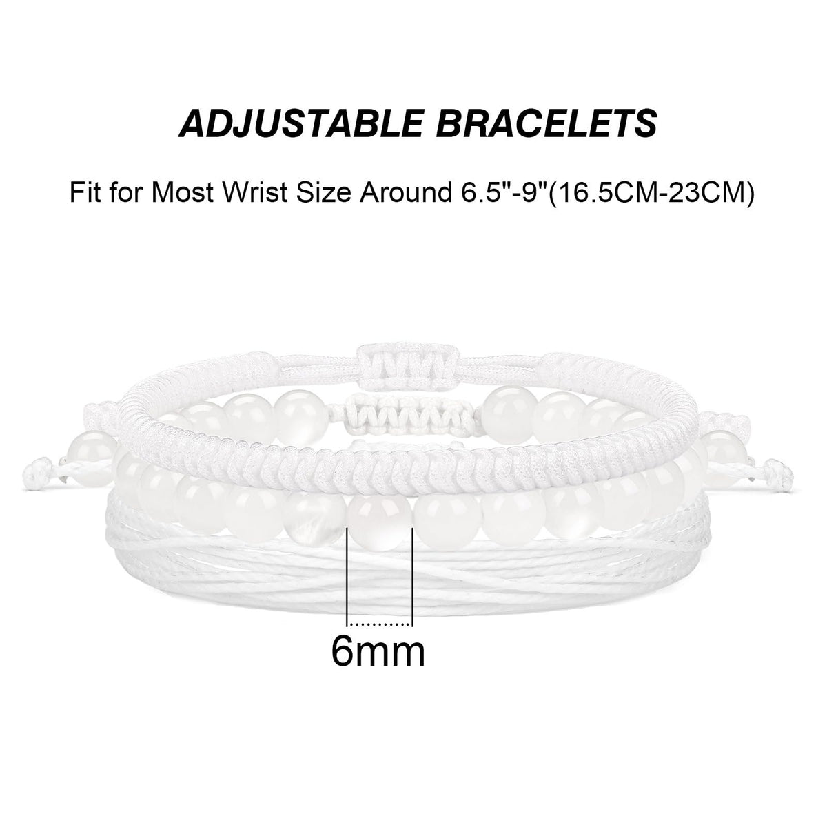GolbalJew Healing Crystal Beaded Bracelets for Women Men, 6mm Moonstone Stone Beads Bracelets Set with 2PCS Adjustable White Rope Bracelets