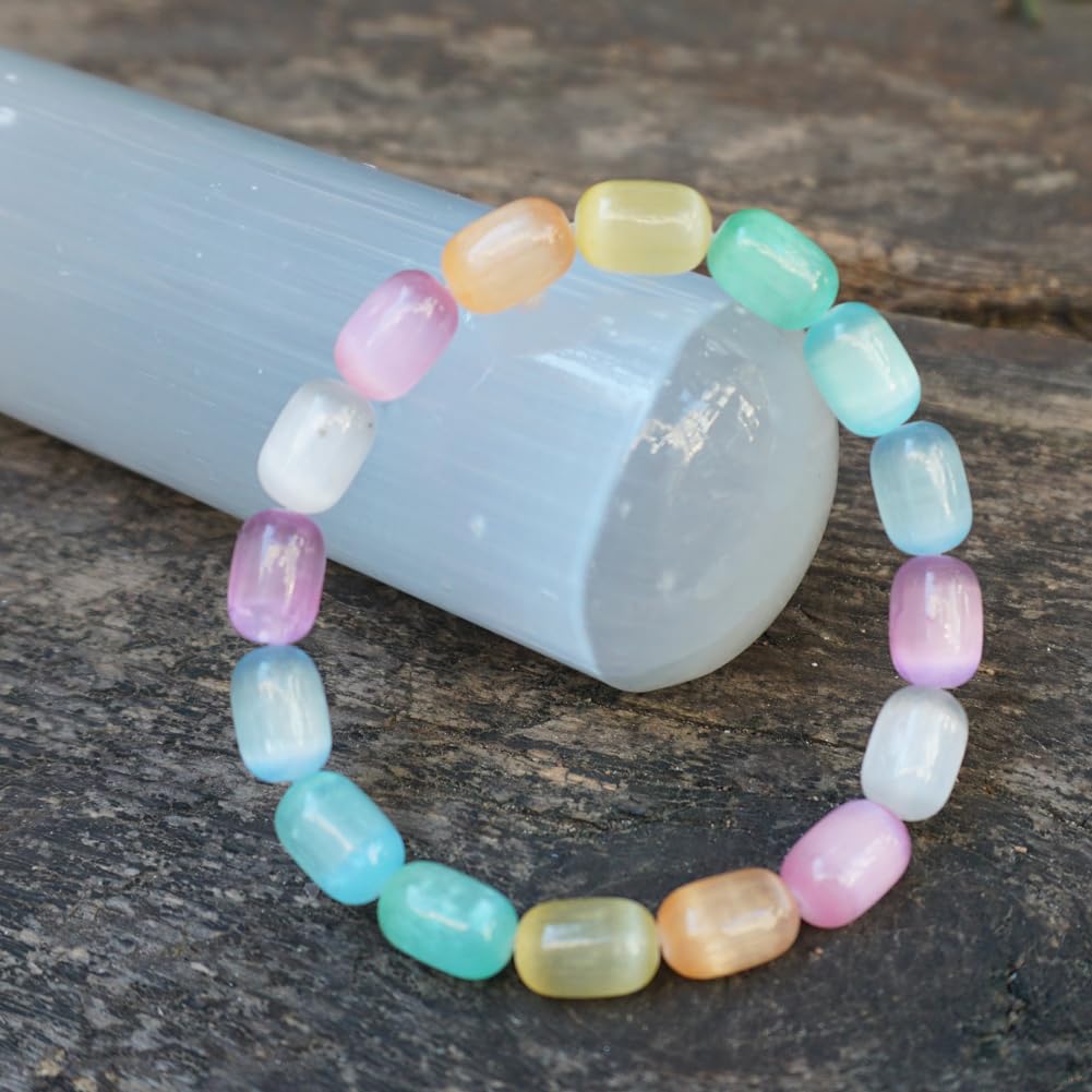 TaHLga Natural Rainbow Selenite Crystal Bracelet for Women Men | Large Plated 8x12mm Cylinder Beads | Authentic Stone with Leather Pouch, Gift Box & Repair Kit | Fits 7.5 inch Wrist