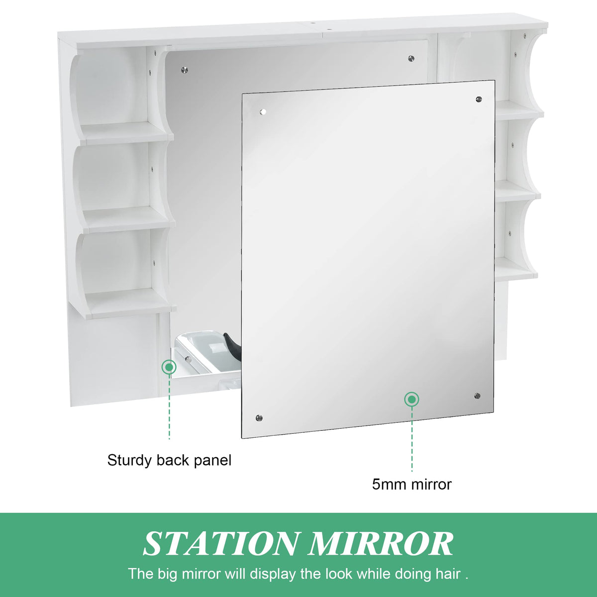 BarberPub Backwash Shampoo Bowl Cabinet, Wall Mount Station with Mirror, Storage Cabinet with Drawers & Shelf 3141 (White)