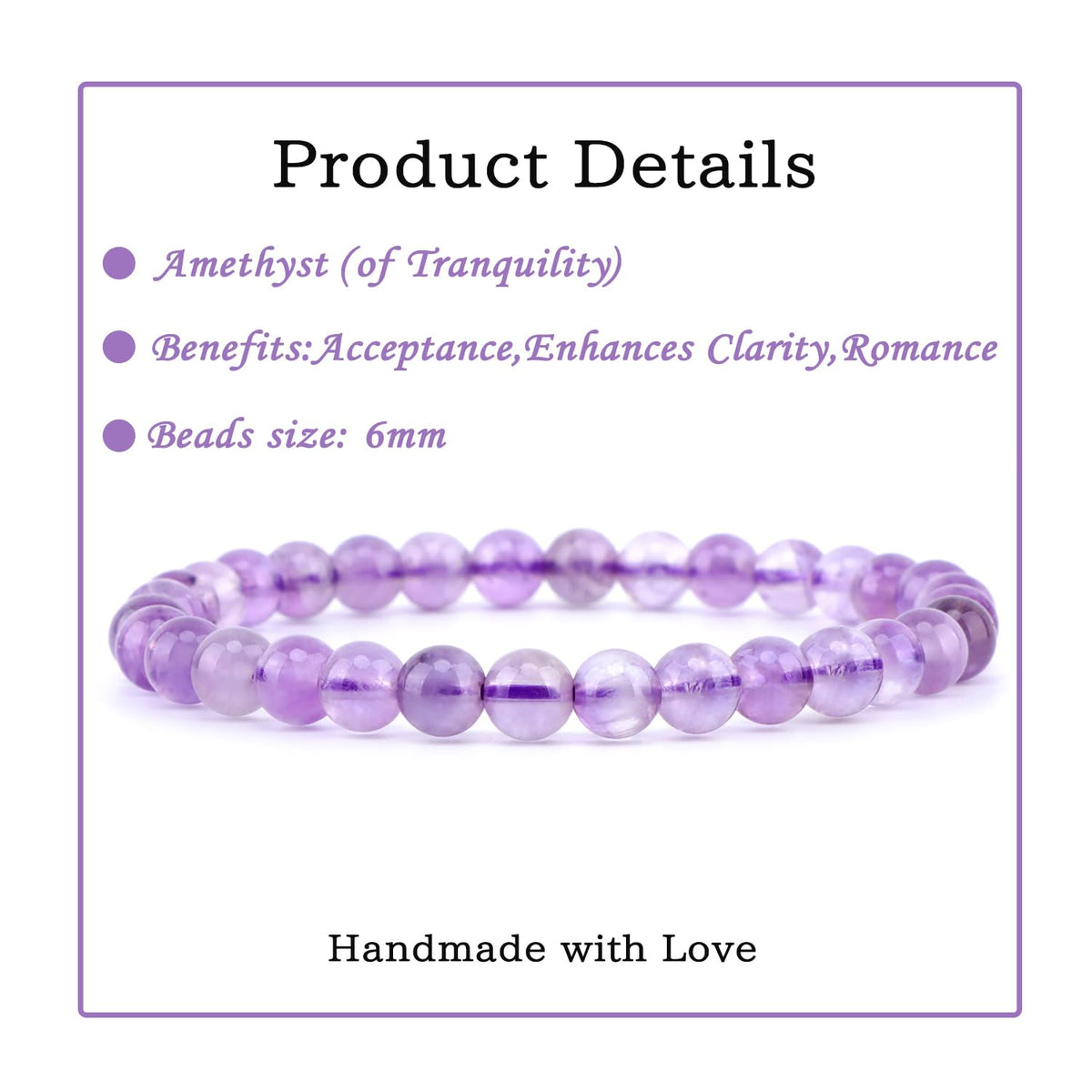 Bymitel 6mm Amethyst - Handmade Reiki Gemstone Stretch Bracelet, Natural Beauty & Spiritual Essence, Crystal Healing for Unisex Adults
