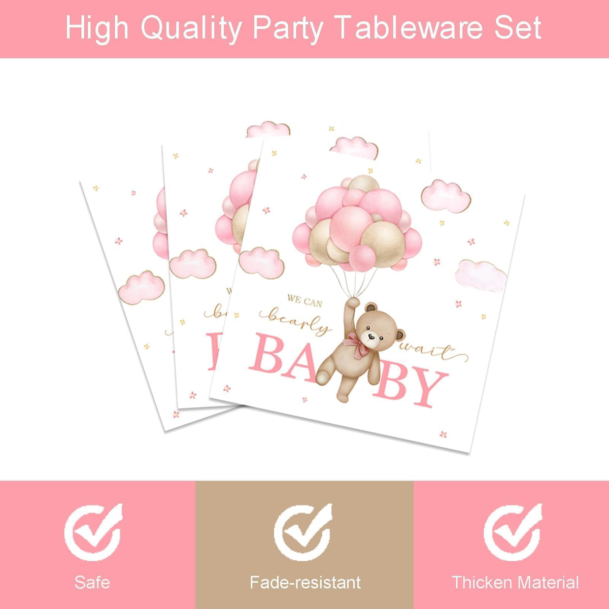 96 Pcs Bear Baby Shower Party Plates and Napkins Set, We Can Bearly Wait Party Decorations Supplies Brown Coffee Pink Tableware for Girl Baby Shower Decor, Serves 24