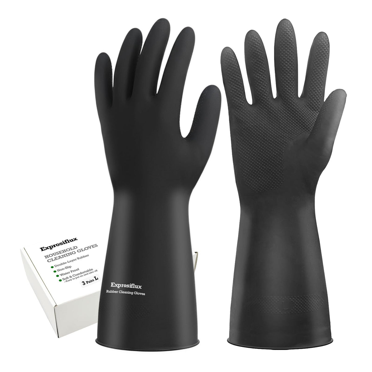 Exprosiflux Thick Rubber Cleaning Gloves - 3 Pairs Black Rubber Gloves for Dishwashing Large, Non-Slip Kitchen Gloves for Washing Dishes, Reusable Cleaning Gloves, Waterproof, Heavy-Duty (3P,L)