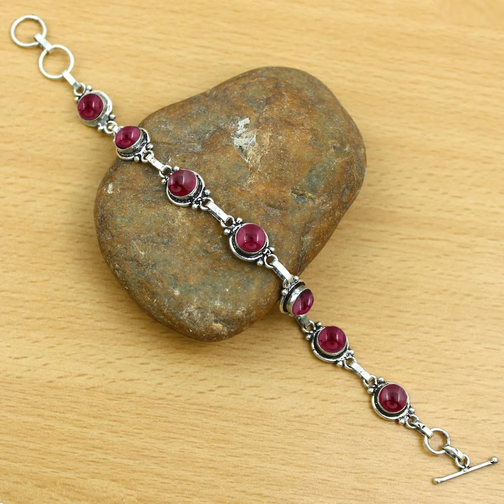Natural Garnet 925 Silver Plated Vintage Style Bracelet for Women - Red Stone January Birthstone Handmade Adjustable Link Bracelet - Valentine's Day Gifts for Her
