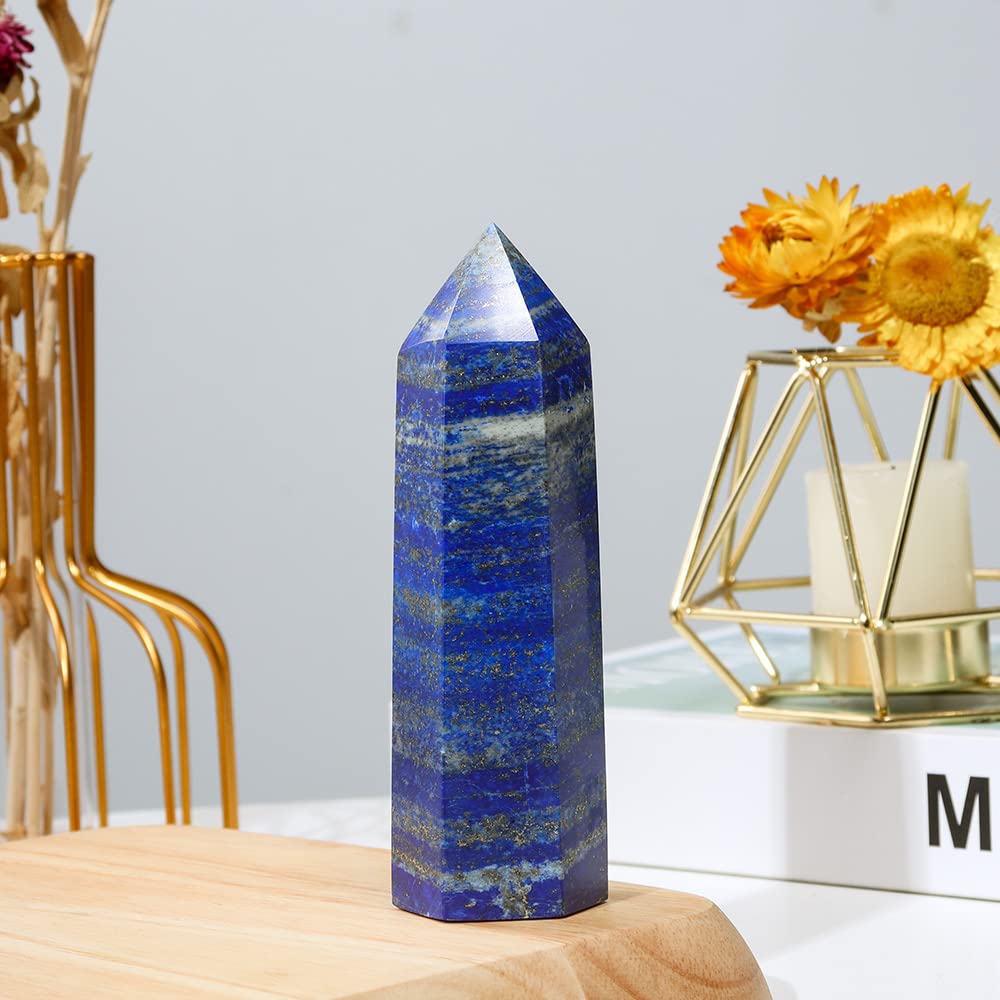 Runyangshi Large Lapis Lazuli Natural Healing Crystal Wand 4.72"-5" Crystals Tower 6 Faceted Single Point Crystal Prism Wand Natural Stones for Meditation Reiki Chakra Therapy Home Decor Gift