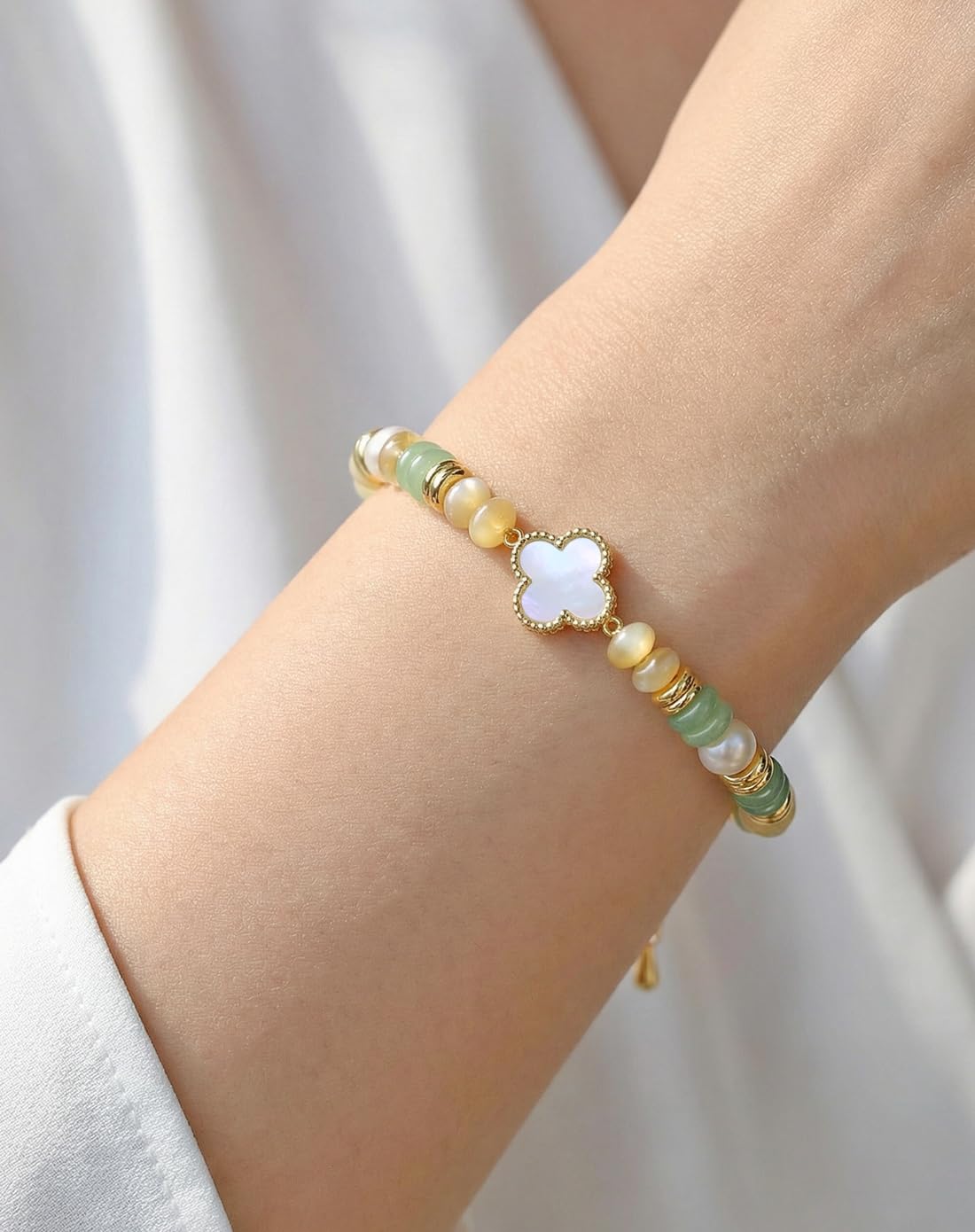 YEETONDA Four Leaf Clover & Heart Natural Gemstone Rainbow Bracelets Jewelry 16th 21st 30th 40th 50th 60th 70th 80th Birthday Gifts For Women Mom Sister Friend Daughter Niece(Green Aventurine)