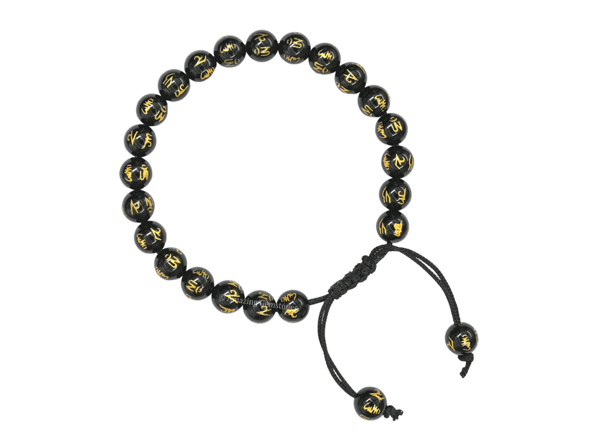 Amazing Gemstone Om Mani Black Agate Bracelet for Women Men's Gifts - Protection Healing Crystal Bracelet - 8mm Gemstones Beaded Adjustable Bracelet Pulseras Para Hombres Mujer Stocking Stuffers