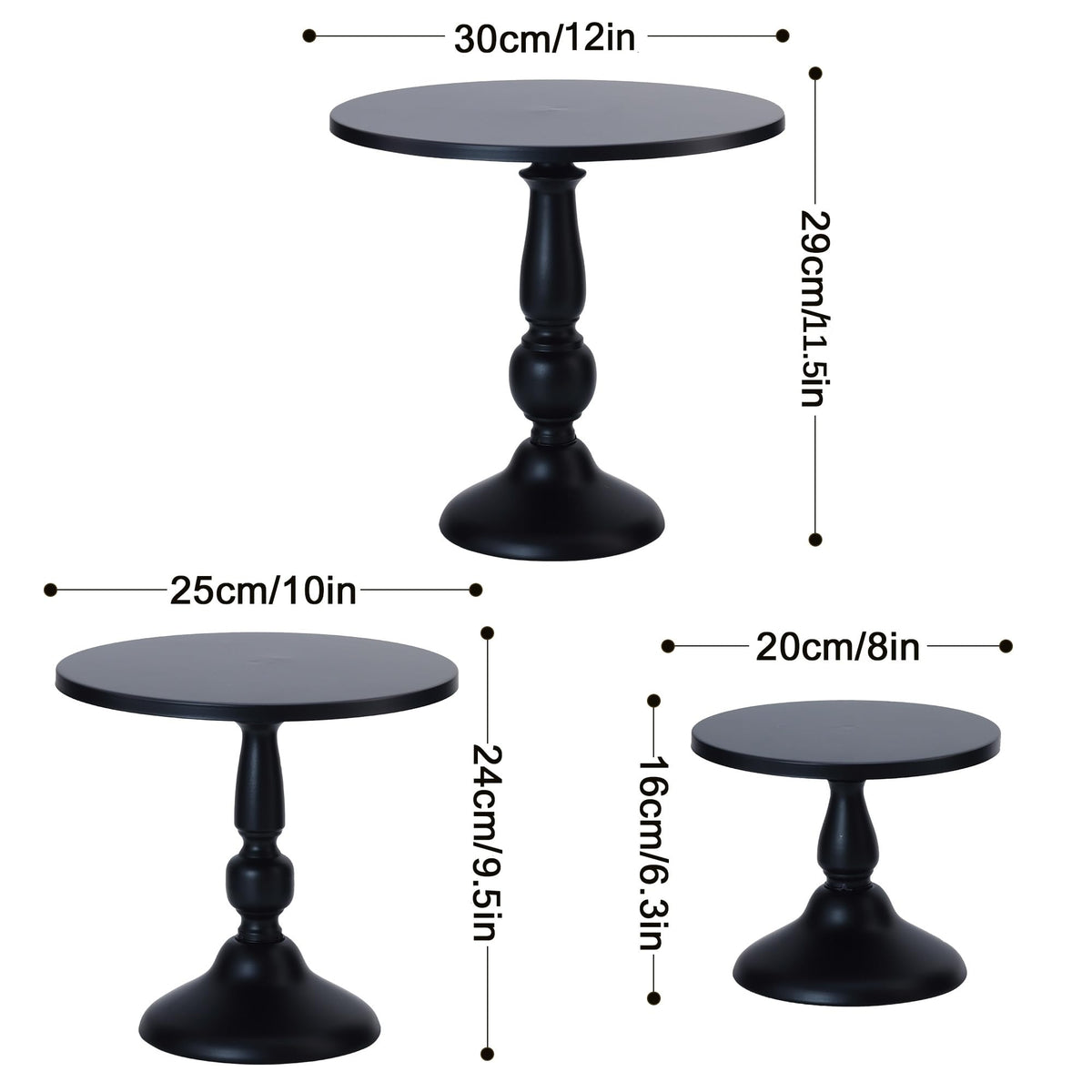 Set of 3 Black Cake Stands, QENUIITEA Metal Round Cake Holder Dessert Pie Pizza Display Stand 8" 10" 12" Serving Tray Halloween Decoration for Wedding Celebration Party Birthday Baby Shower