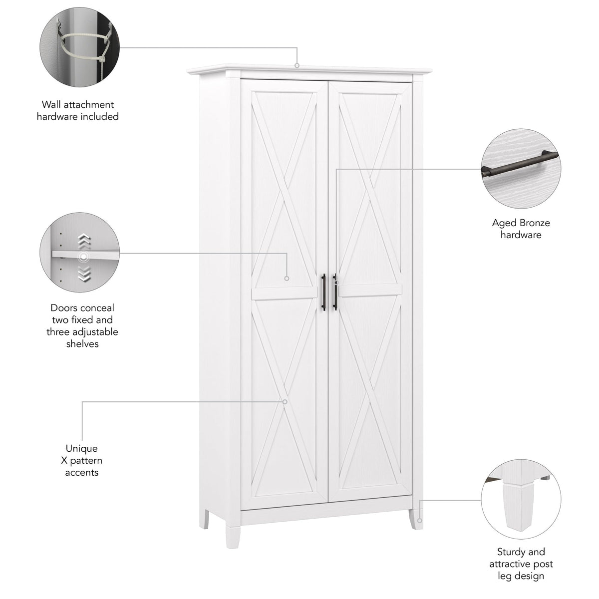 Bush Home Key West Tall Storage Cabinet with Doors in Pure White Oak
