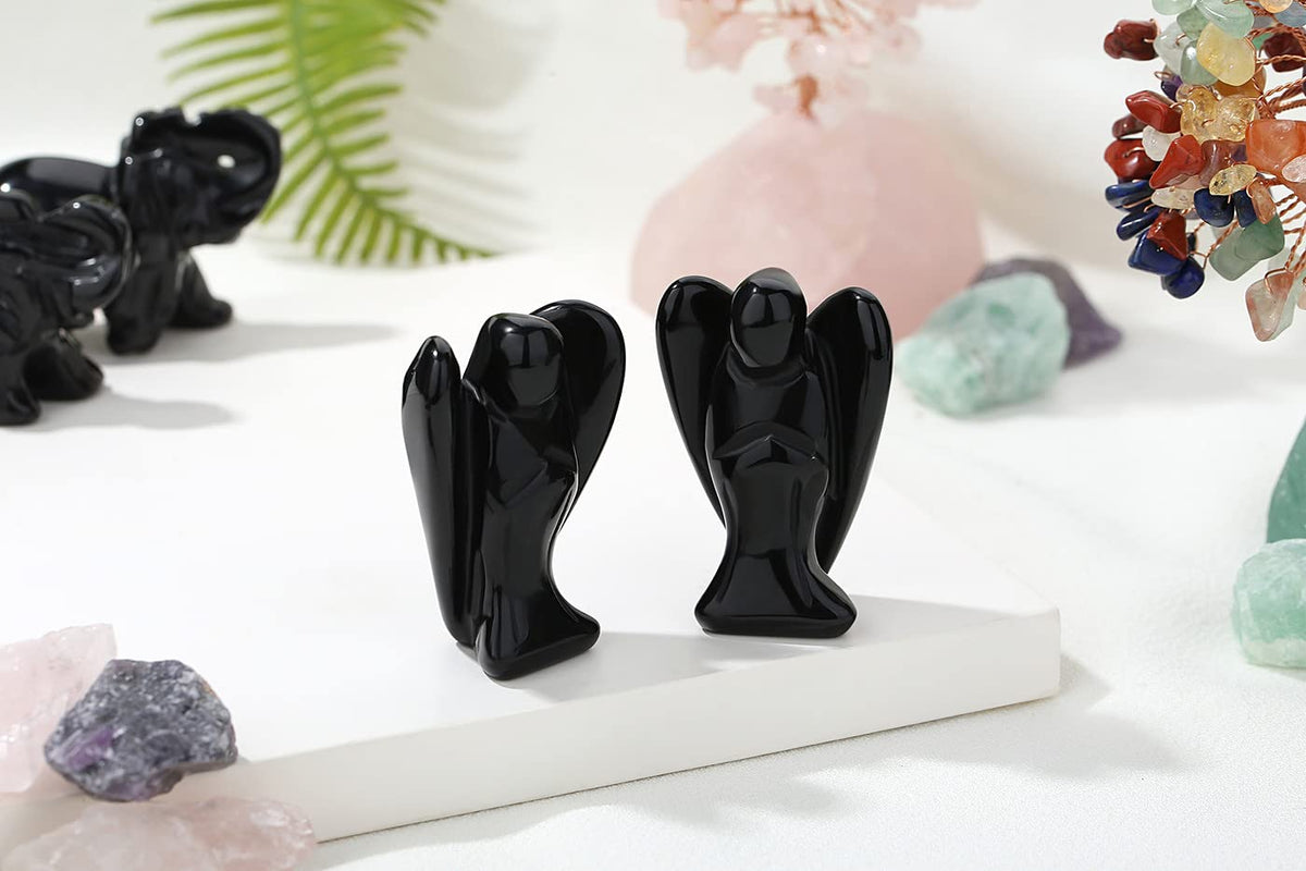 YATOJUZI 2" Black Obsidian Angel Decor Healing Crystals Polished Natural Stone Sculpture Statue Hand Carved Cute Figurines Energy Reiki Home Room Office Desk Decoration Guardian Gifts for Women Men