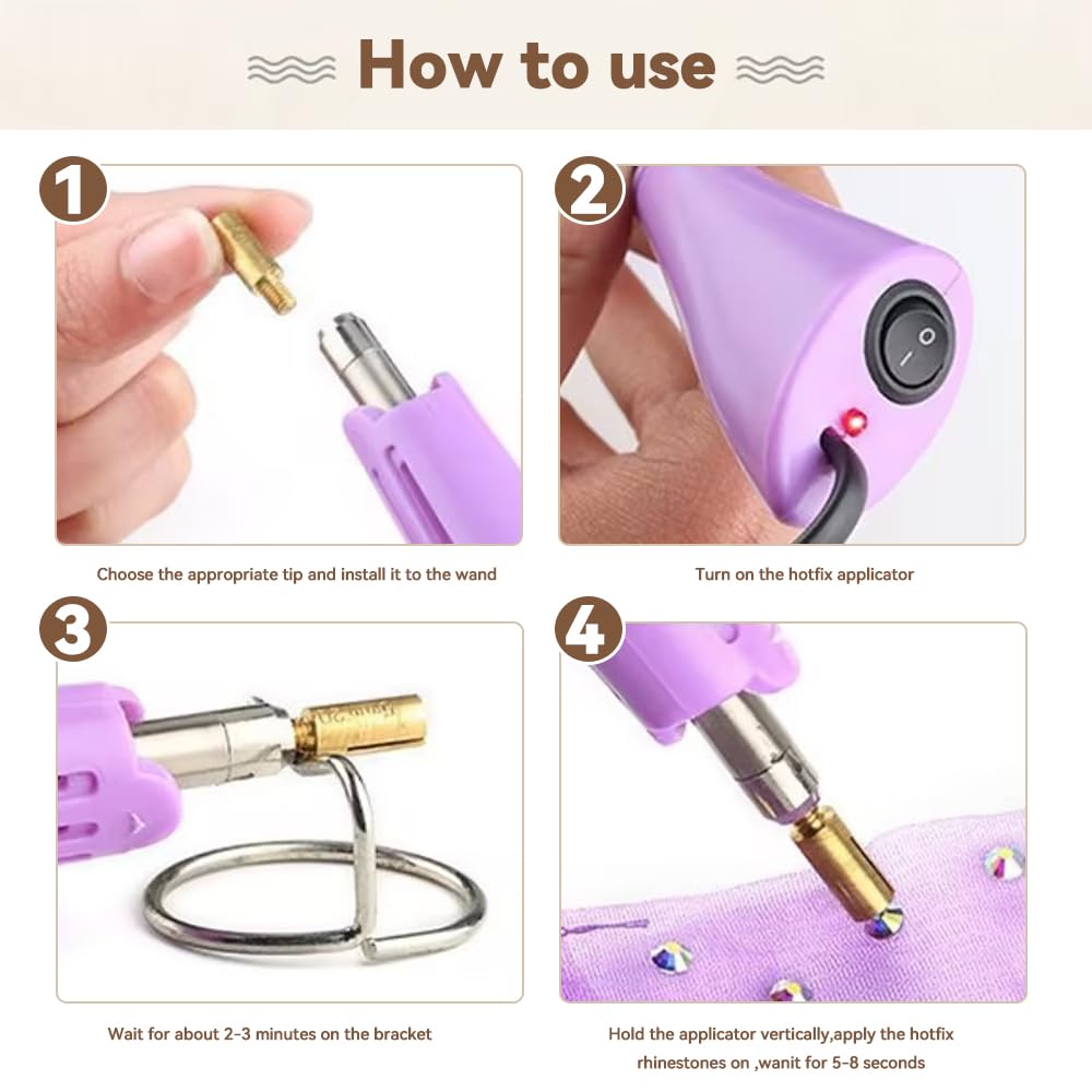 Hotfix Rhinestone Setter Applicator Hot Fix Wand Kit Tool Set with 7 Different SIzes Tips, Hot Fixed Wand Kit for Crafts Shoes Clothes Fabric Clothing ((purple))