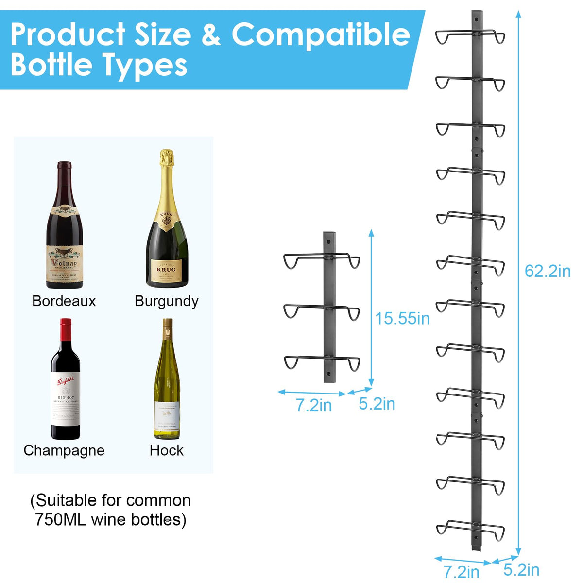 2 Pack 12 Bottle Wall Wine Rack for 24 Wine Bottles, DIY Detachable Wall Mount Wine Rack, Wine Storage Organizer Display Holder Used As One or Four, for Dining Room, Wine Cellar, wine lover gift