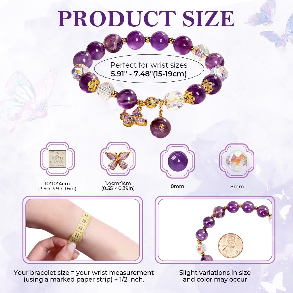 Buddha Stones Amethyst & Butterfly Charm Elastic Bracelet for Women, Handmade Stretch Anxiety Amethyst Crystal Beaded Bracelet, Natural Gemstone Bracelet Jewelry Gift For Mother's Day, Includes Gift Box -8MM