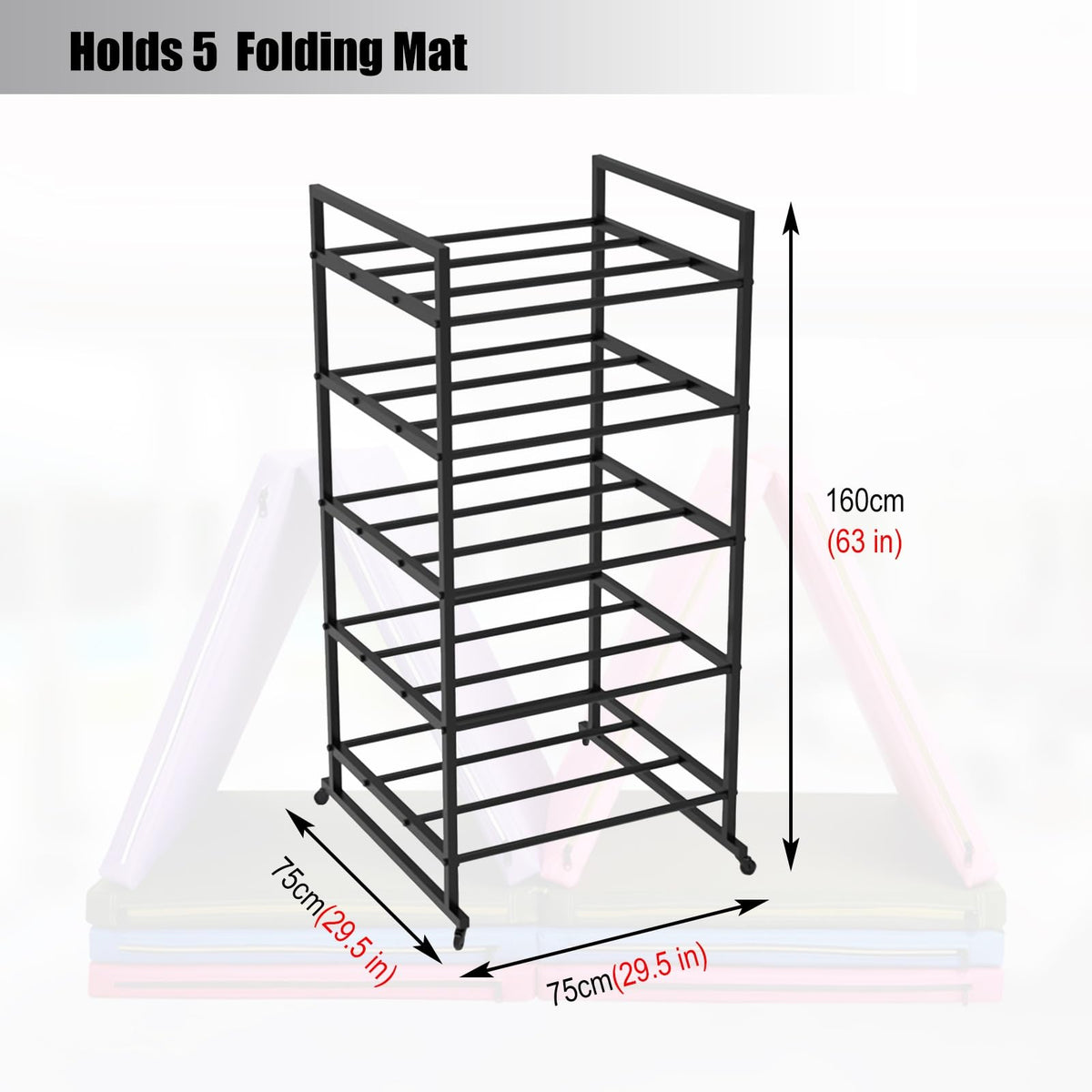 KOMFGT Folding Gymnastics Tumbling Mat Storage Rack, Indoor Outdoor Free Standing Black Metal Organize Holder for 5 Foldable Kneeling/Seat Cushion, Rolling Yoga Mats Display Rack for Gym Home Workout