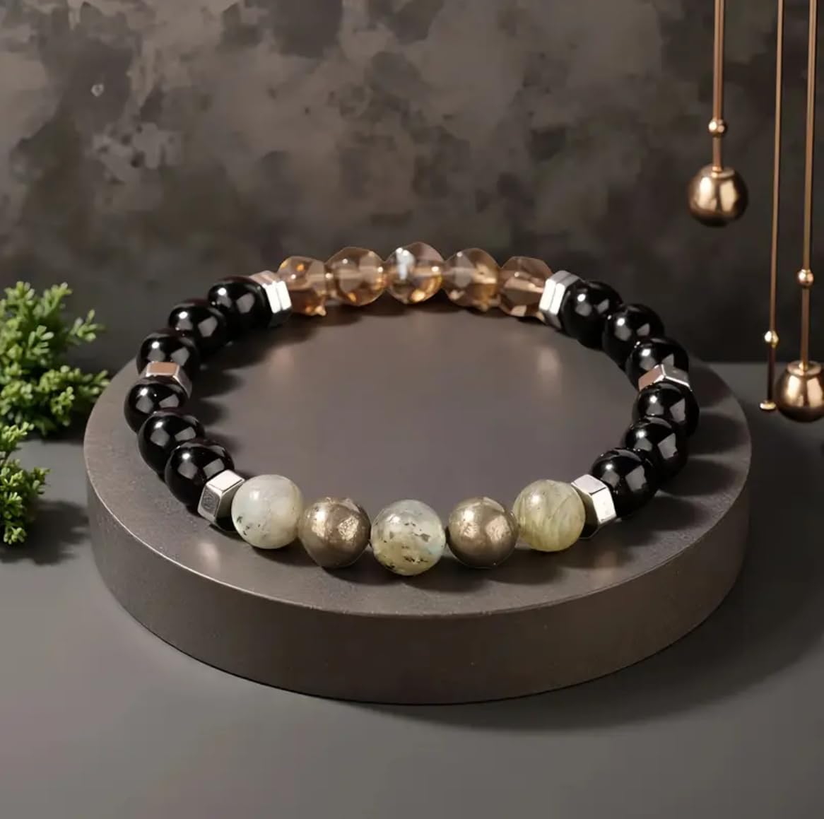 TUQBA Manifestation and Protection Beaded Crystal Bracelet for Men and Women Natural Stone Jewelry with Onyx, Smoky Quartz, Pyrite, Labradorite Mothers Days Gift, Christmas, Baptism, Birthday