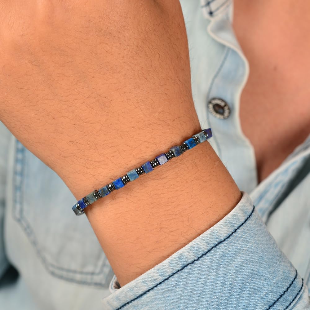 Casvia Men's Lapis Lazuli & Hematite Beaded Bracelet, Handmade Adjustable Stainless Steel Chain, Chakra Jewelry Gift for Dad, Husband, Boyfriend | Hematite Stone Bracelet