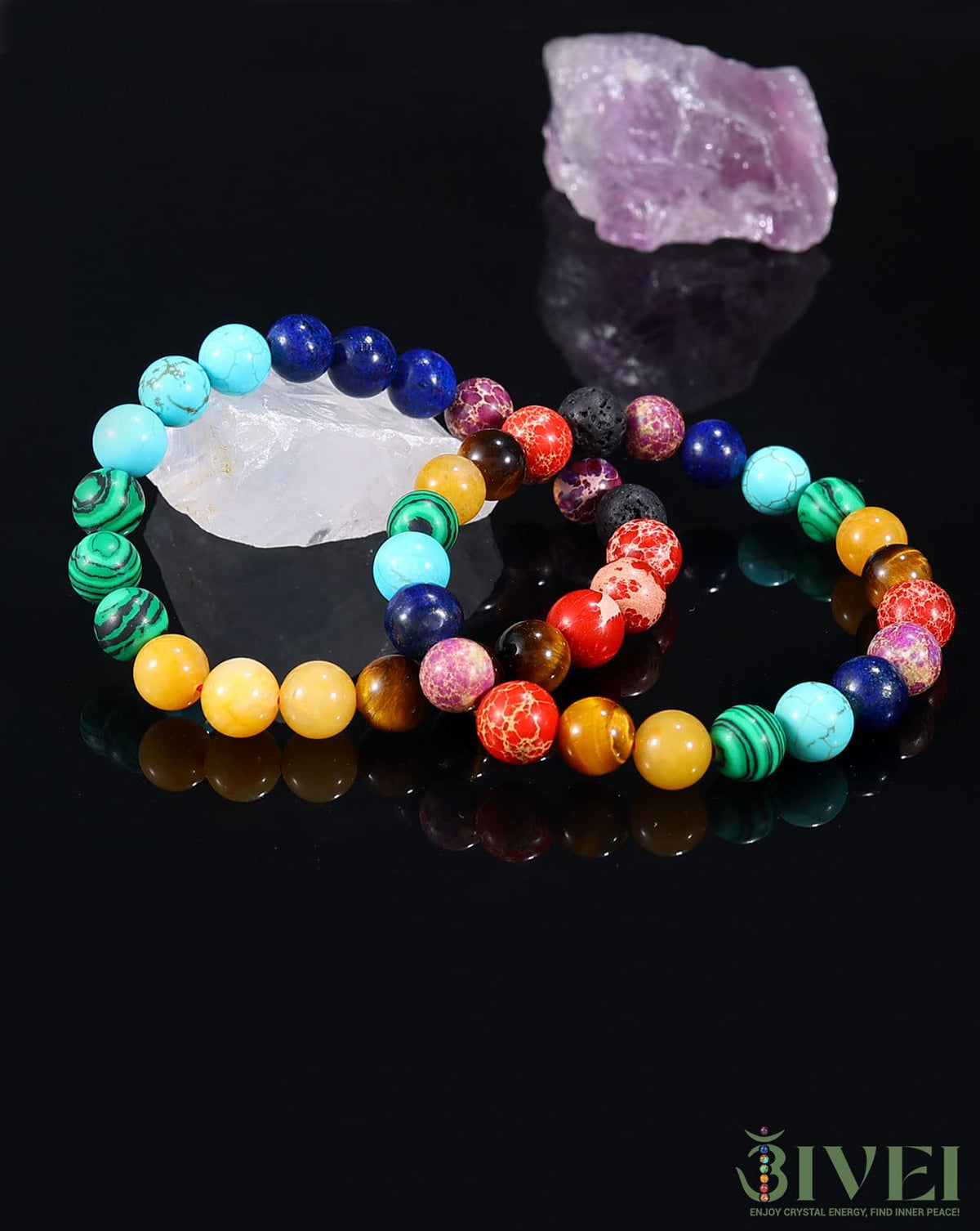 Bivei Natural Gemstone Semi Precious Healing Crystals Handmade Stretchy Round Beads Bracelet, Enhance Positive Energy(Chakra Bracelet (Inner Balance) Small)