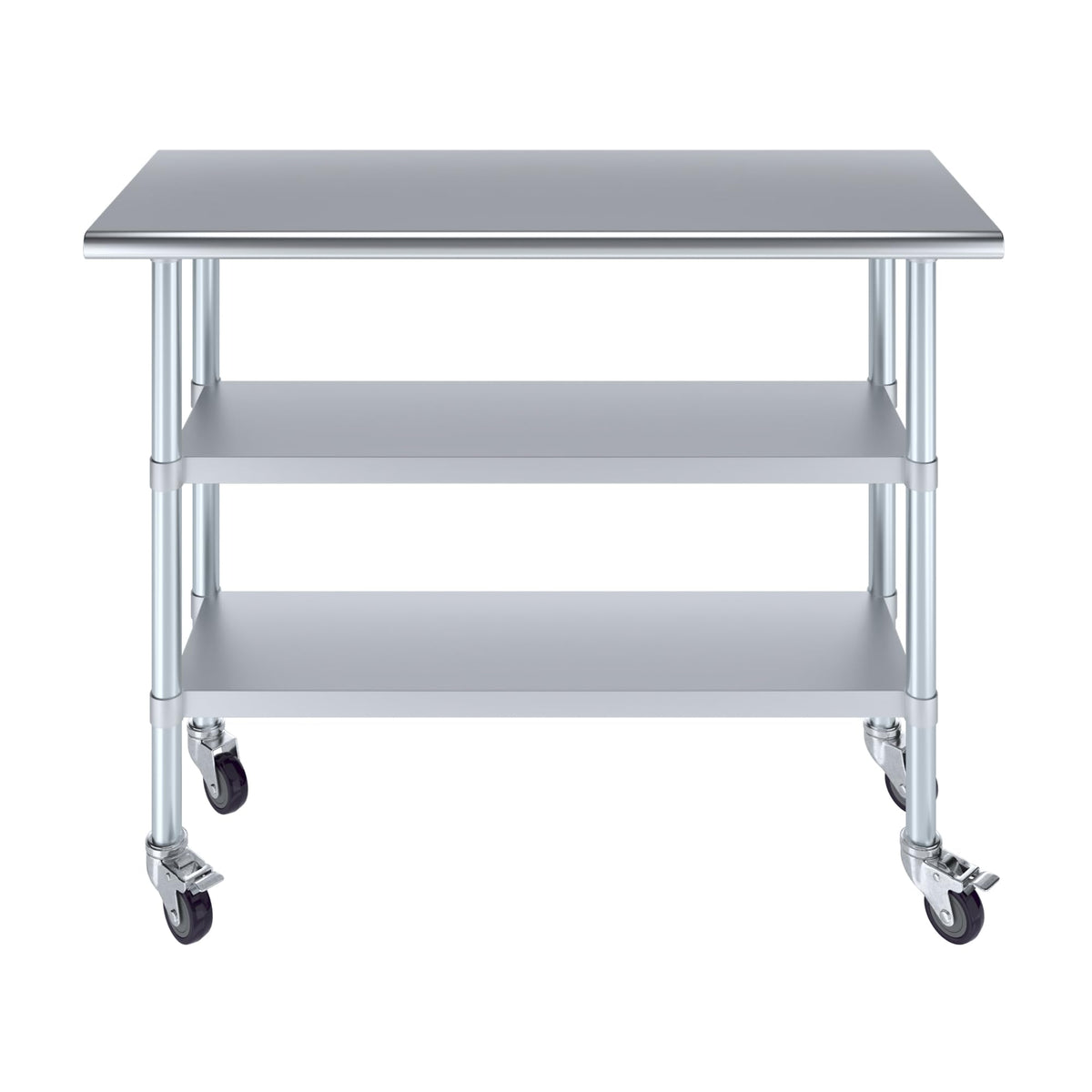 AmGood Stainless Steel Work Table with 2 Shelves and Casters | Metal Utility Table On Wheels (Stainless Steel Work Table with 2 Shelves + Casters, 48" Long x 18" Deep)