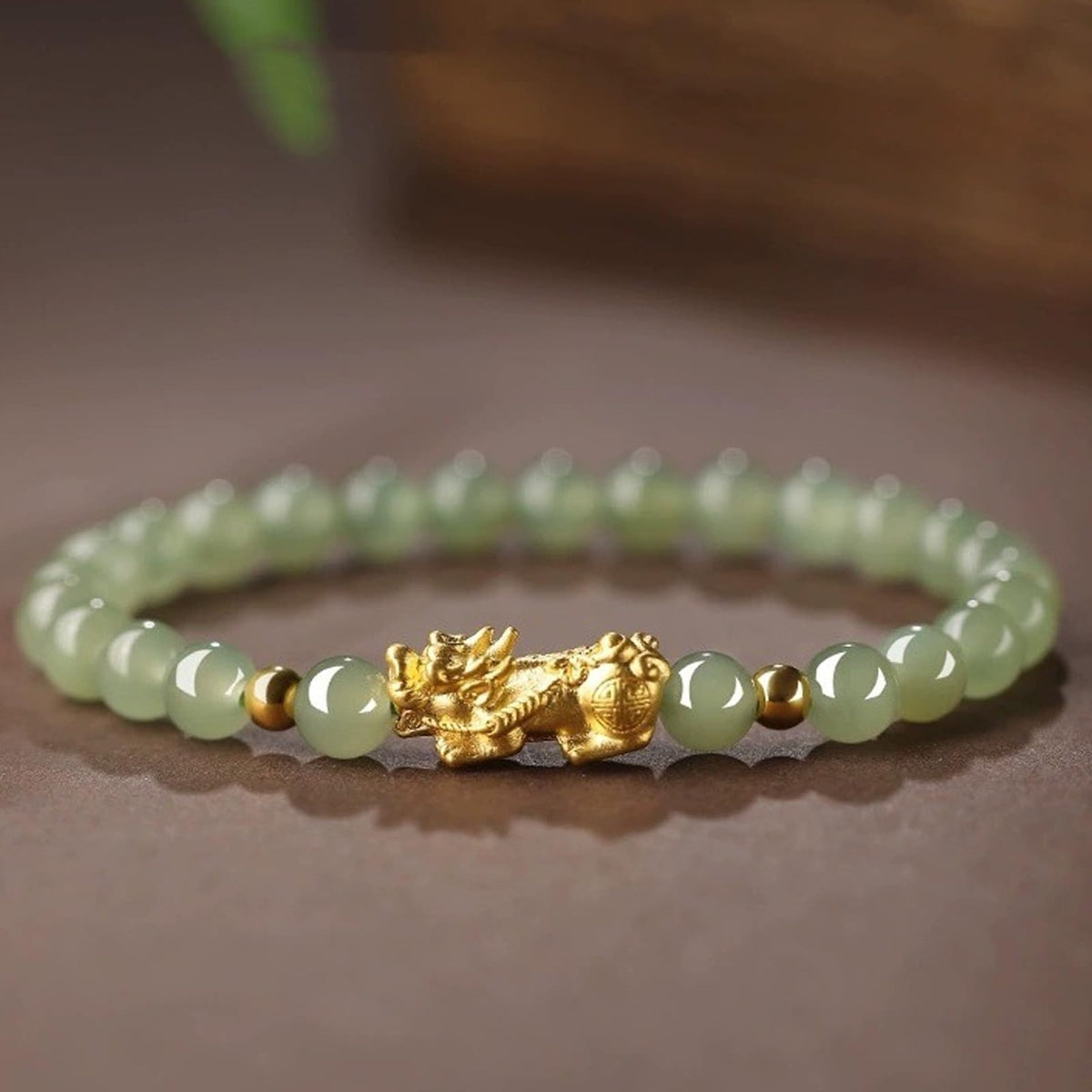 Long tiantian Green Beaded Bracelet for Women with Gold Tone Pixiu Charm, Minimal Stretch Bracelet with Round Beads for Daily Wear and Thoughtful Gifting