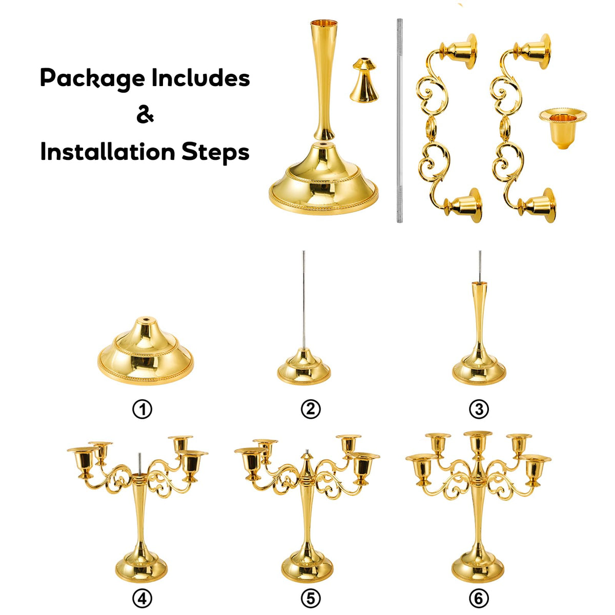 YOUEON 5 Arm Gold Candelabra, Candelabra Candle Holder, 10 Inch Tall Candlesticks Holder, Elegant Taper Candle Holder Centerpiece for Wedding, Church, Halloween, Dining, Home Decor
