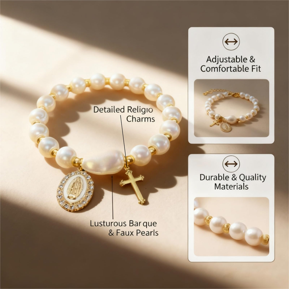 Virgin Mary Cross Bracelet,Blue Ceramic Pearl Rosary Bracelets with Miraculous Medal and Cross Charm,Religious Catholic Christian Faith Jewelry Gift Birthday Mothers Day Gifts for Women (white)