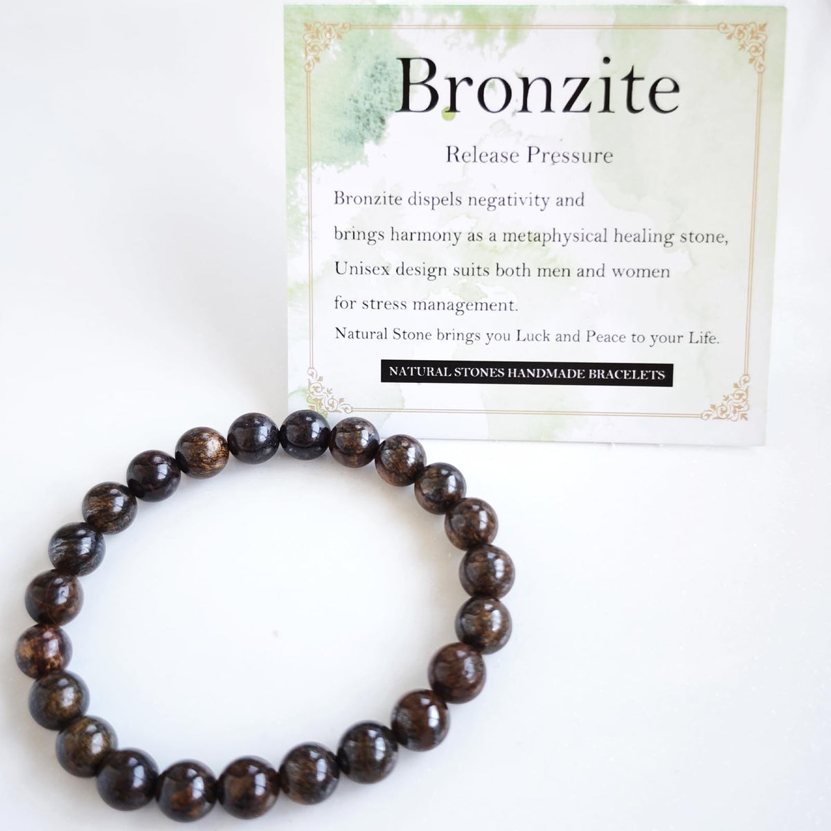 Handmade Natural Gemstone Elastic Bracelet - Healing Crystal Beads Jewelry, Unisex (Bronzite, 8mm)