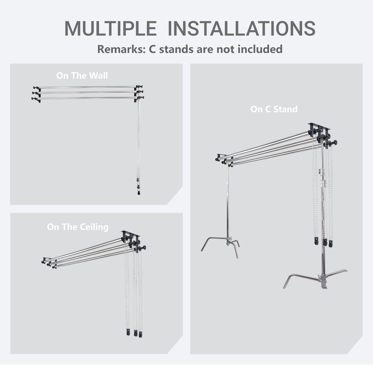 TENBEST Photography Backdrop Roller Support System, 3 Rollers with Metal Chains, 120-inch Stainless Steel Crossbars, Wall/Celing/Light Stand Backdrop Mount, Background Support