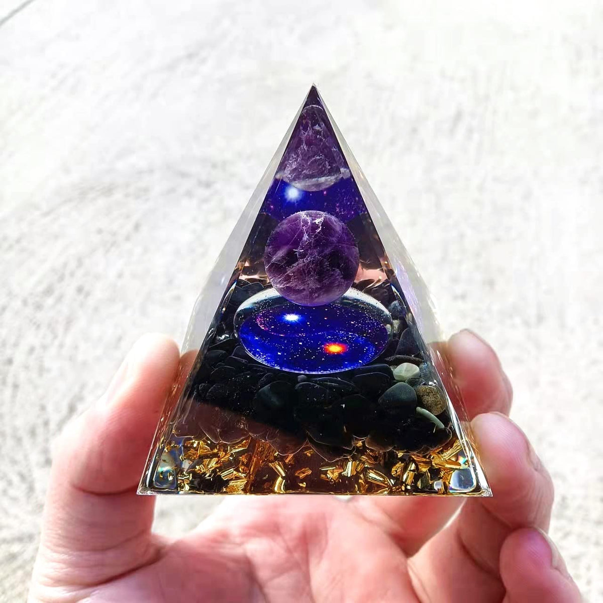 ycyingcheng Moonstone Crystal Orgone Pyramid Ogan Crystal Energy Tower, Nature Reiki Chakra Crushed Stone Jewelry, Crystal Pyramid for Home Decor (Taichi Starry Sky)