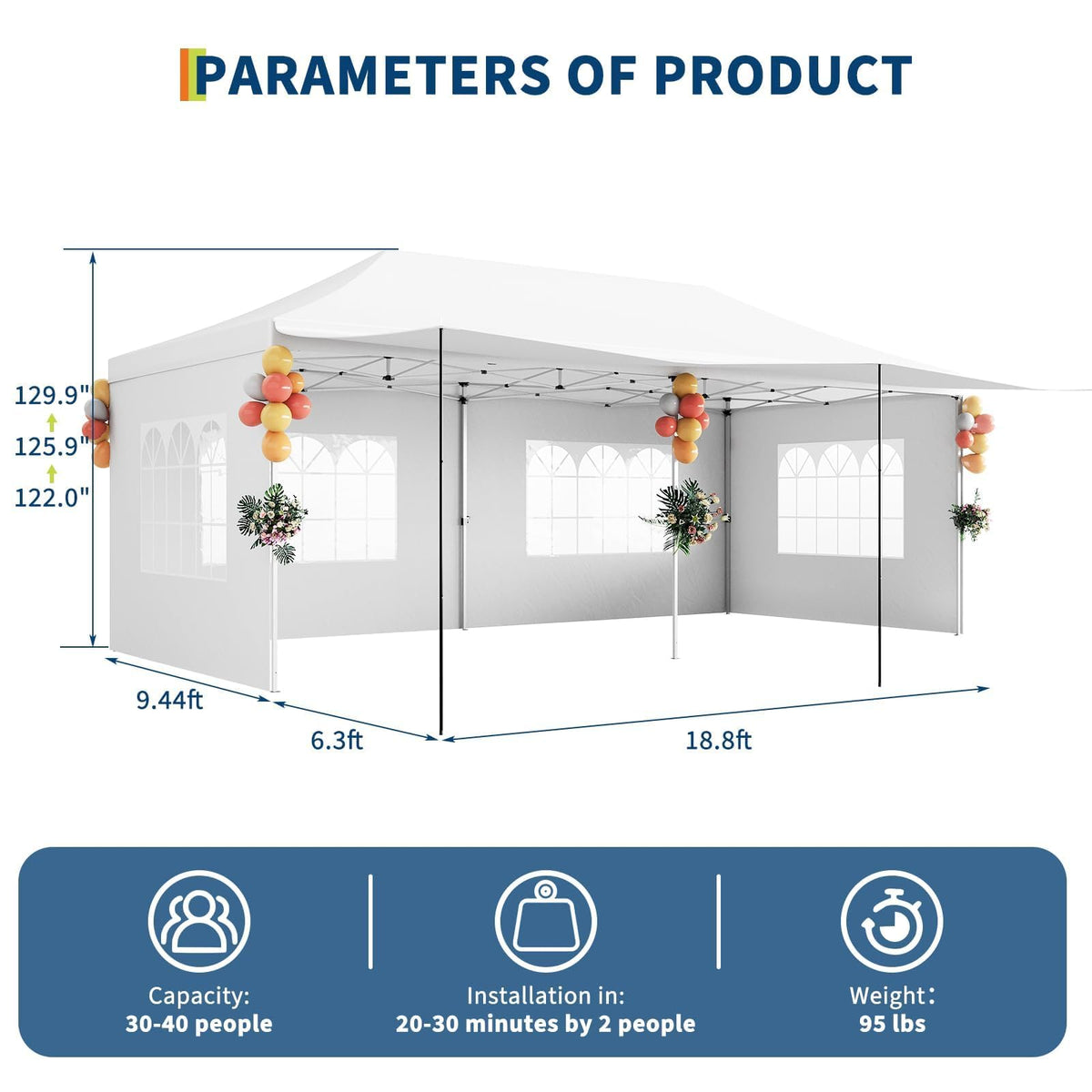 10X20Ft Pop Up Canopy Tent with 5 Removable Sidewalls & PE Windows, Wedding Party Tent Outdoor Waterproof UV50 Canopy Event Shelter Tents for Parties Car Port Vender Events, White