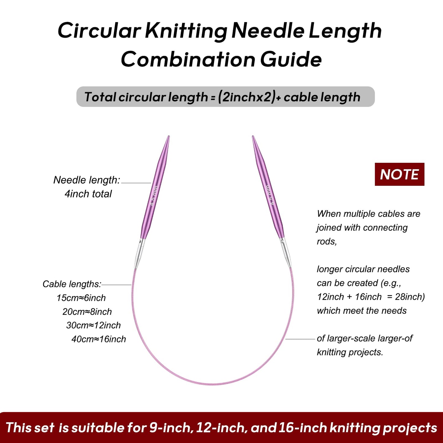 Guclud 2-Inch Short Interchangeable Circular Knitting Needles Set | US 2.5-11 (3.0-8.0mm) | 12-Pair of Metal Small Circular Needles | 4 Cables (6", 8", 12", and 16"), Accessories & Case