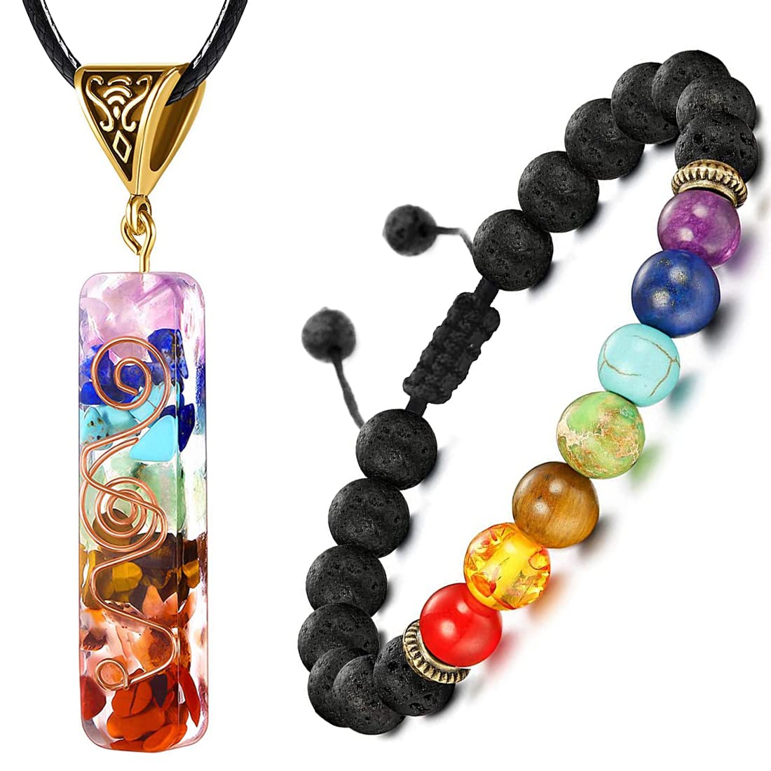 (Set) Chakra Bracelet & 7 Chakra Healing Crystals, Balance Chakra Self Inner Healing, Strengthen Immune System, Yoga Meditation Relax Anxiety Bangle for Women/Men, Adjustable