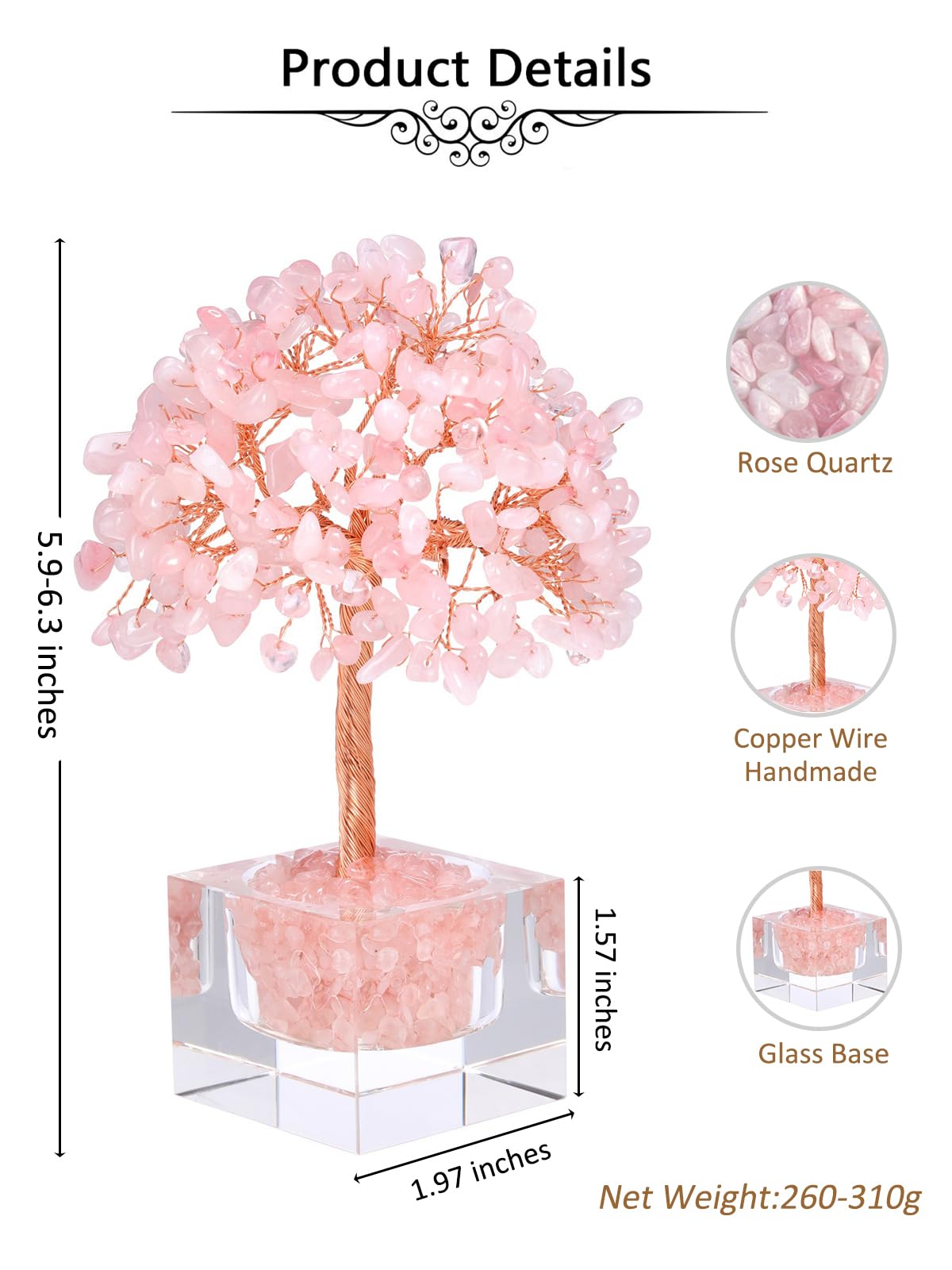 Jovivi Large Crystal Tree with Square Glass Base, Rose Quartz Healing Crystals Tree Life Natural Chipped Gemstone Money Trees Feng Shui Good Luck Positive Energy Pink Home Desk Decor