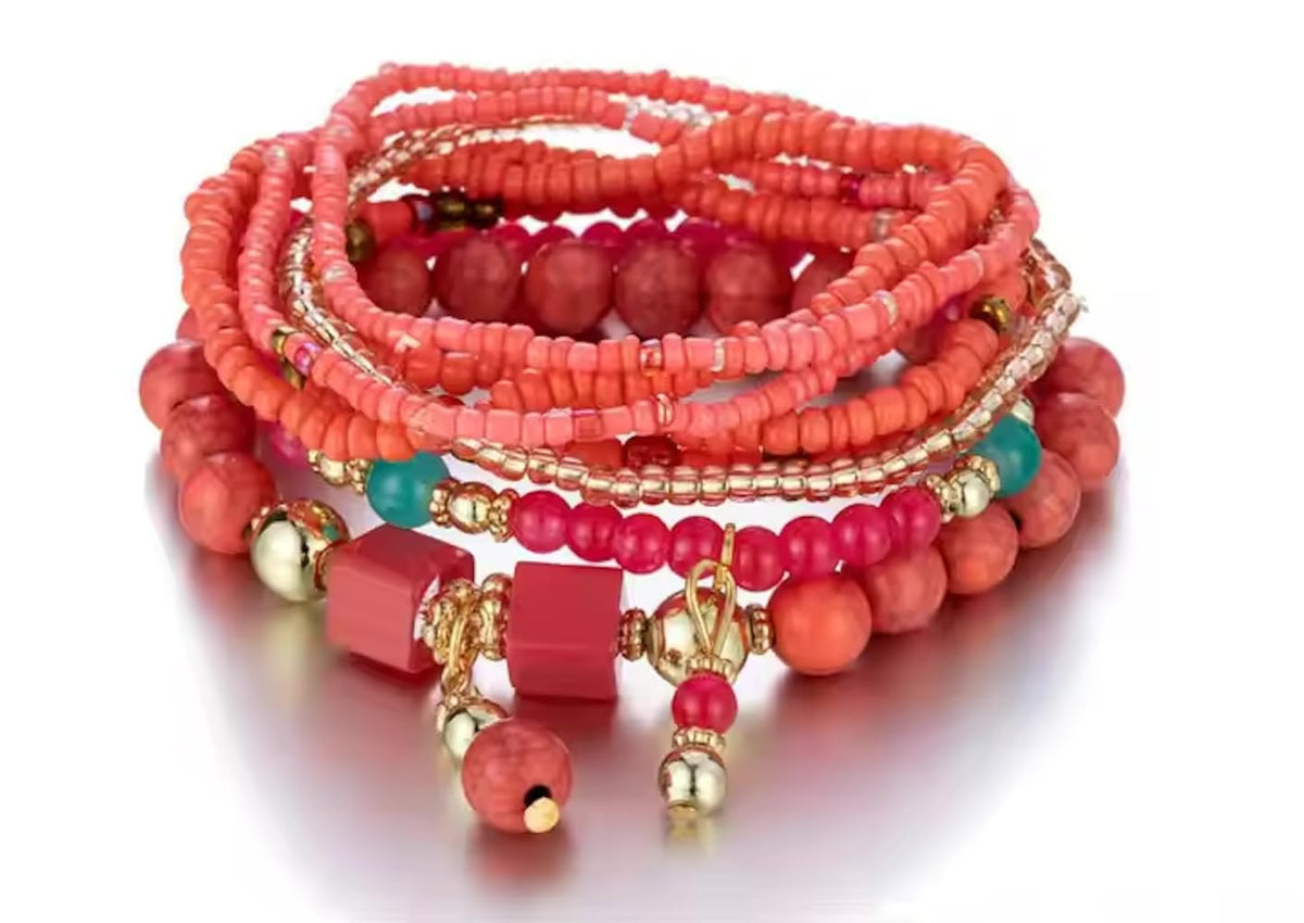 Boho Multilayer Stretch Beaded Bracelets for Women – Set of 6 Beaded Bracelet Colorful Rice Beads, Stackable Fashion Jewelry, Ideal for Festivals, Summer Parties, Beachwear, and Casual Outfits
