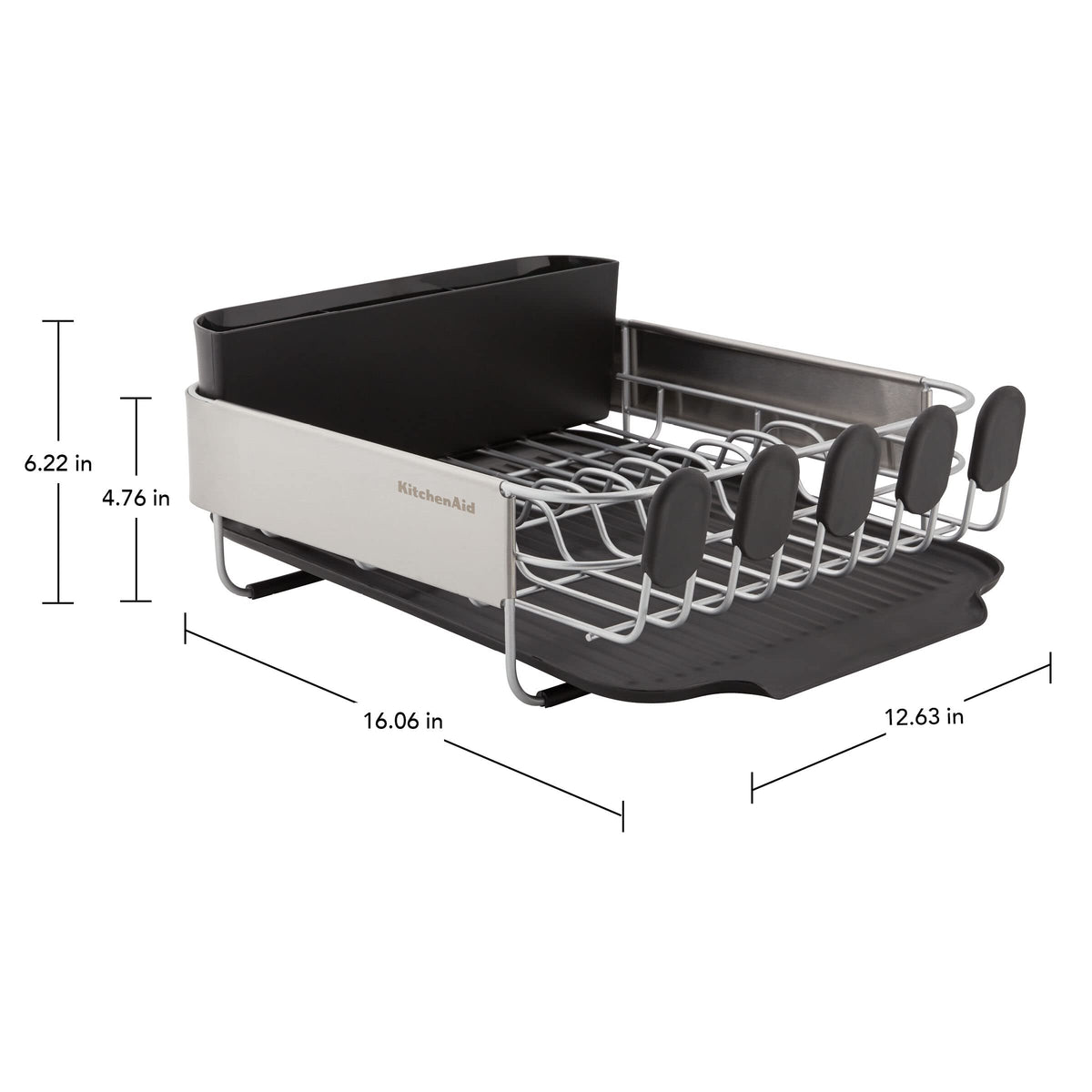 KitchenAid Compact, Space Saving Rust Resistant Dish Rack with Removable Flatware Caddy and Angled Self Draining Drainboard, 16.06-Inch, Black