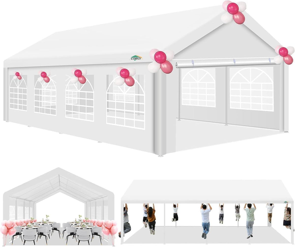 COBIZI 13x26 Outdoor Party Tent Heavy Duty Waterproof Canopy Shelter with 8 Sidewalls & 10 Church Windows, White Powder Coating, Built-in Sandbag Commercial Event Tents for Parties BBQ Patio Wedding