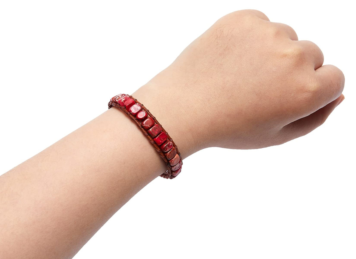ZOSOJONA 7 Chakra Bracelet Bohemian Handmade Leather Wrap Healing Protection Natural Stone Yoga Beaded Bracelets Boho Friendship Jewelry (Red Turquoise)